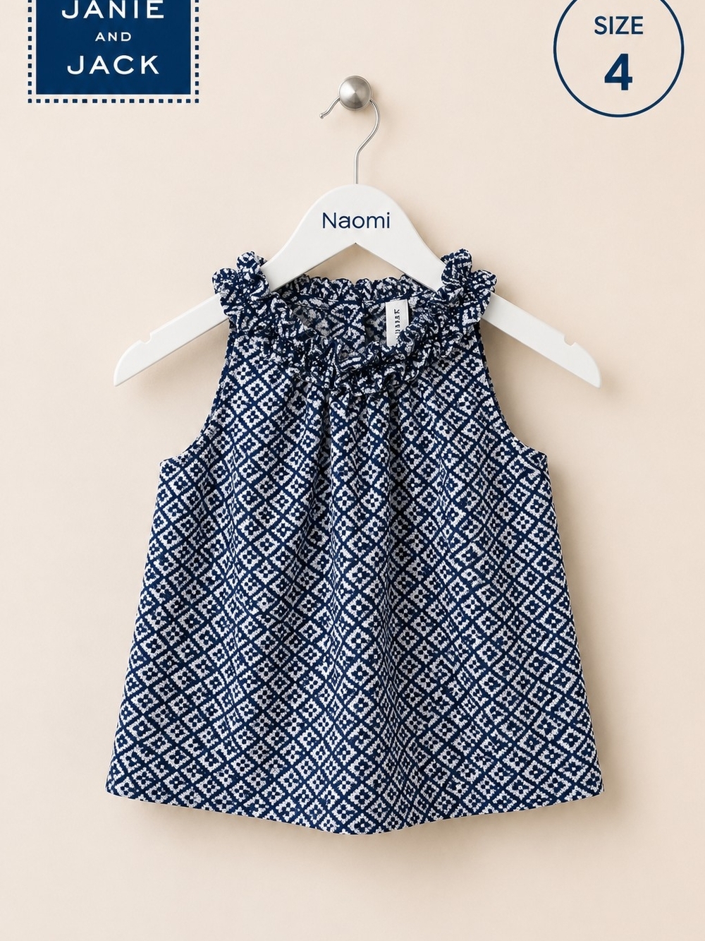 Janie and Jack Navy and White Diamond Print Ruffle Neck Tank